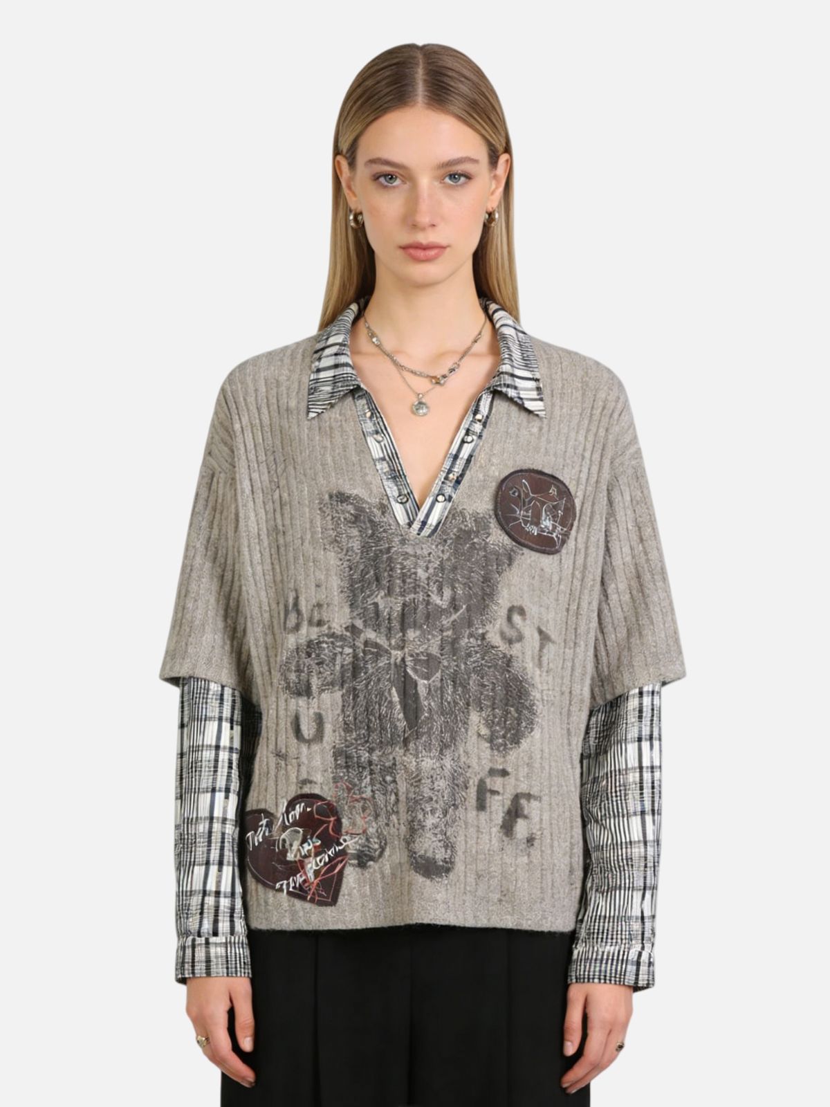 Haaura Bear-Print Patchwork Knit Sweater
