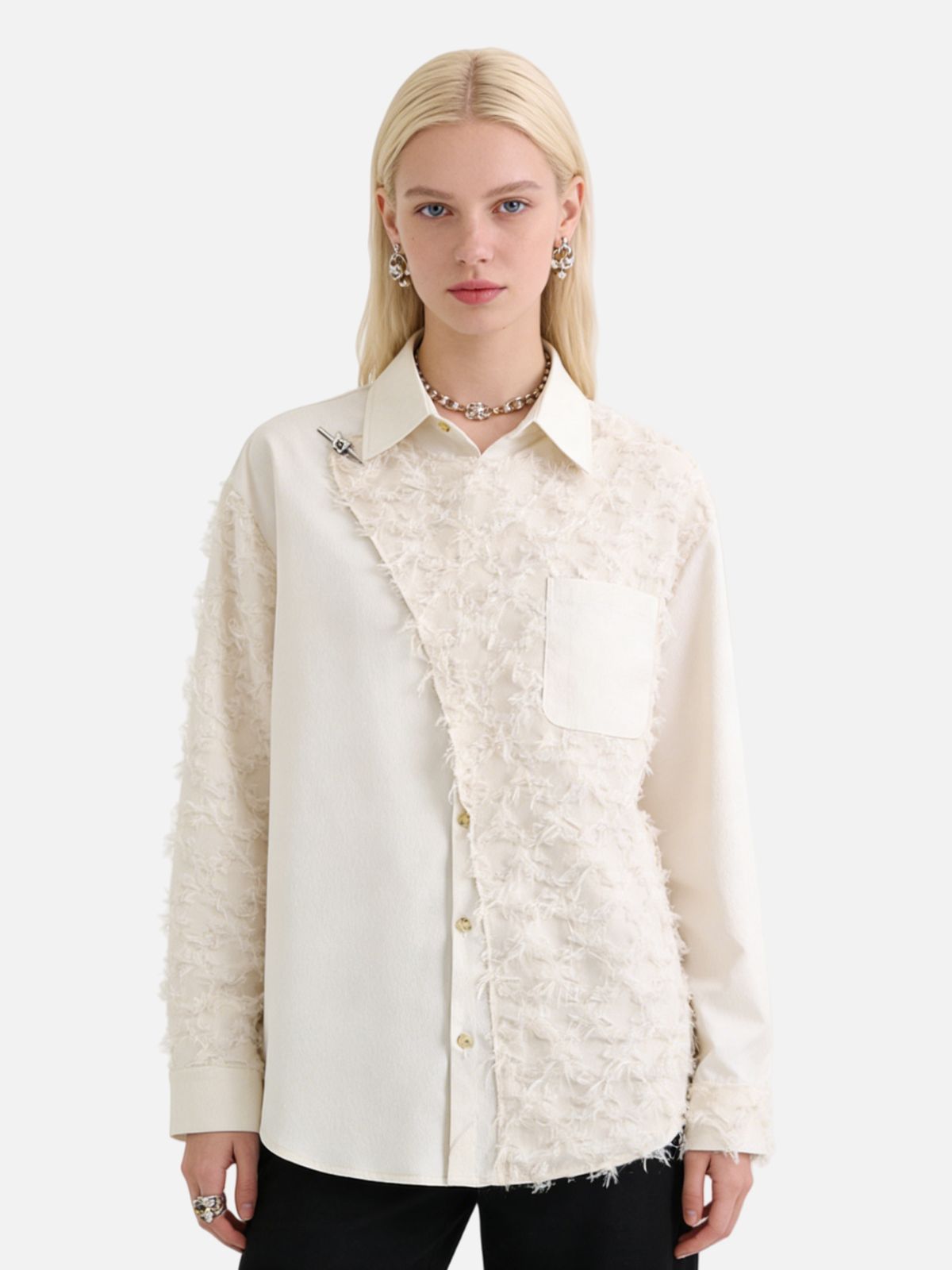 Haaura Irregular Color Block Frayed Long Sleeve Shirt