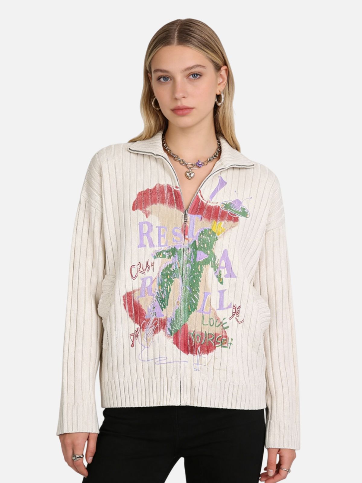 Haaura Graffiti Apple Print Zip-Up Knit Cardigan