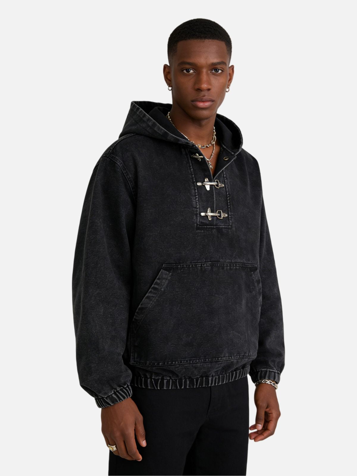 Haaura Buckle-Fastened Washed Denim Hoodie