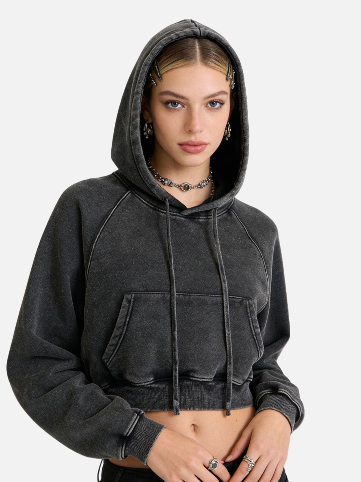 Haaura Cropped Raglan Sleeve Washed Pullover Hoodie