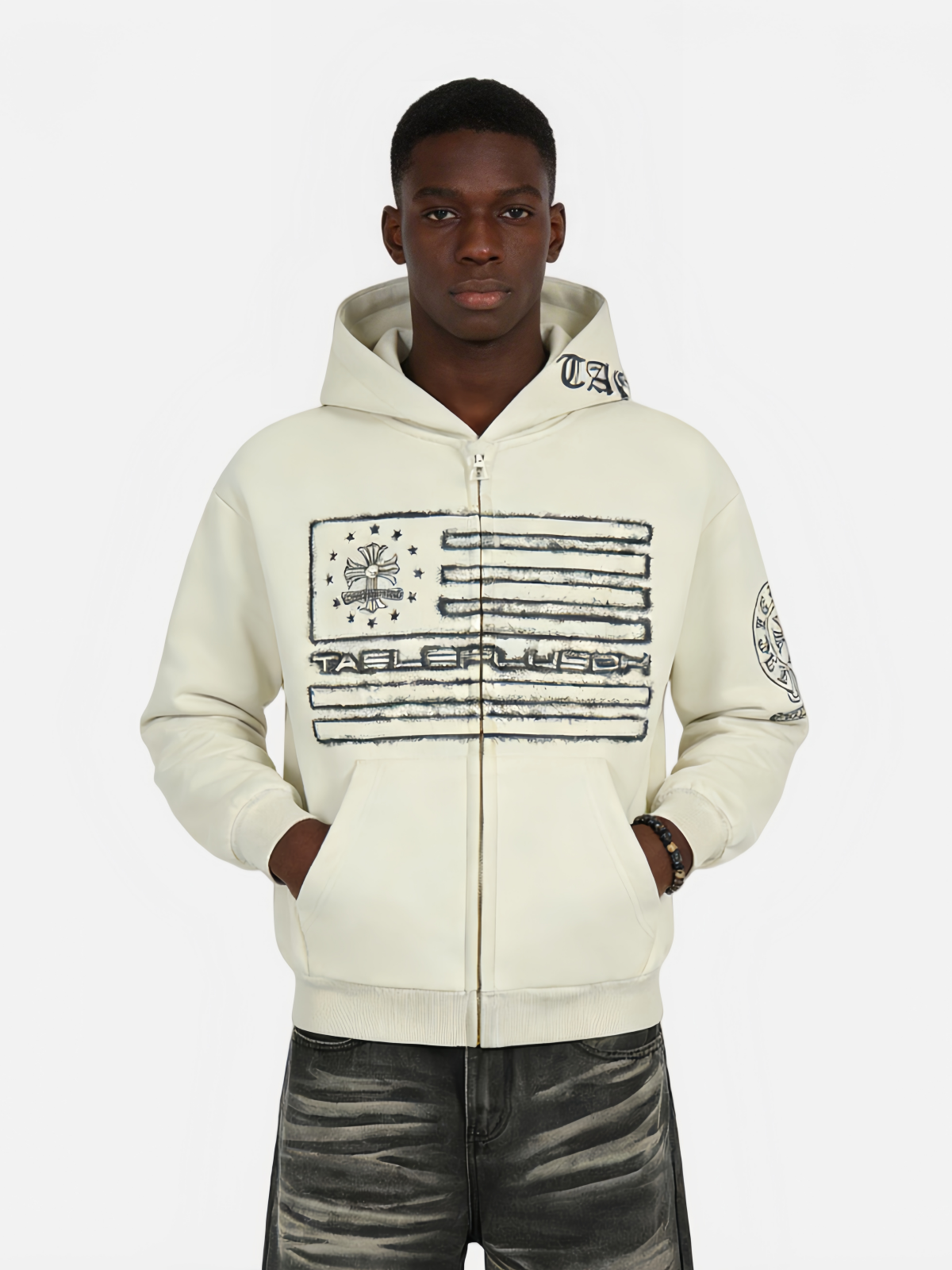 Haaura Distressed Flag Emblem Zip Hoodie