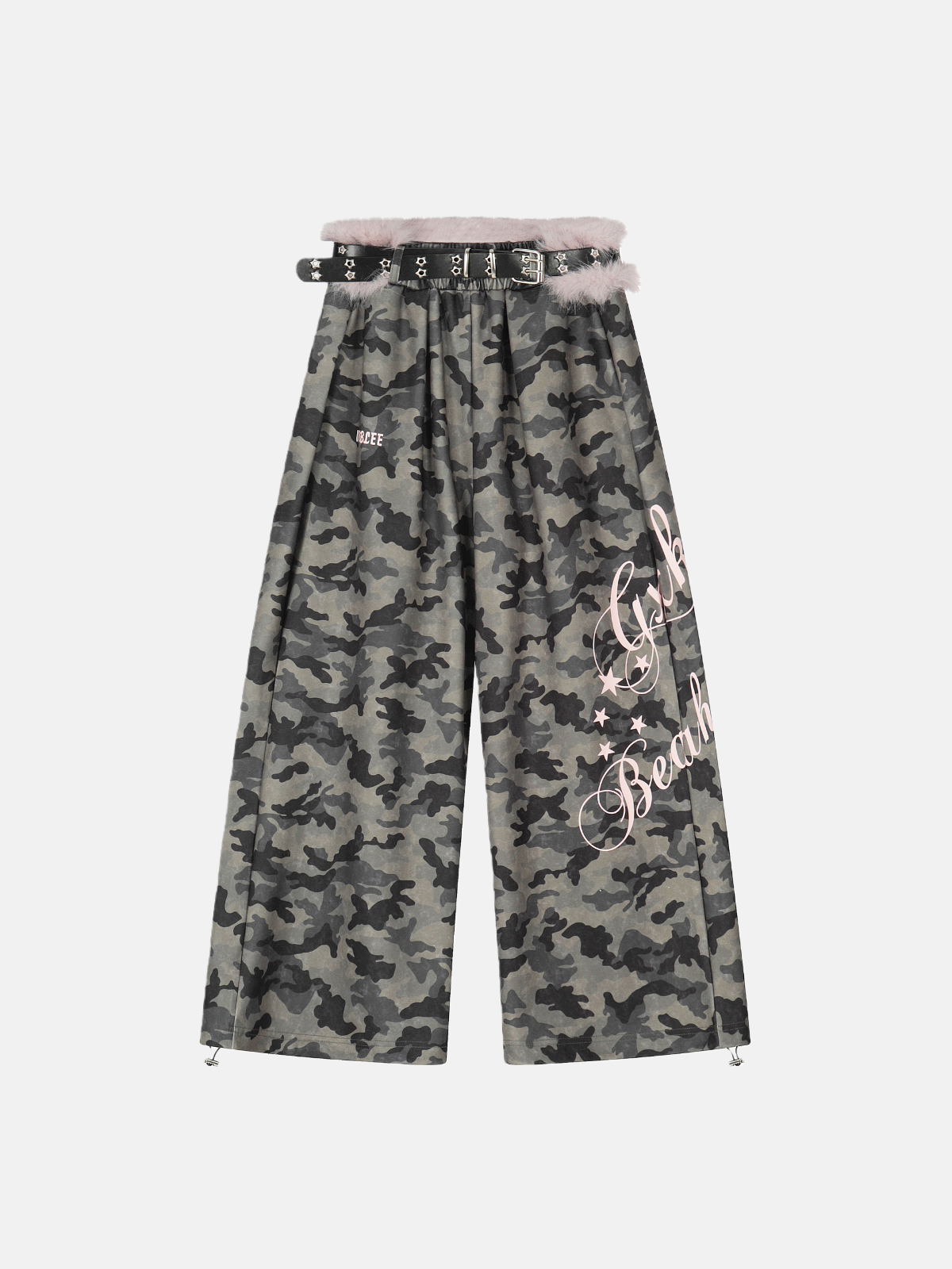 Pantalon super baggy Haaura camouflage rose fourrure taille graffiti étoile 