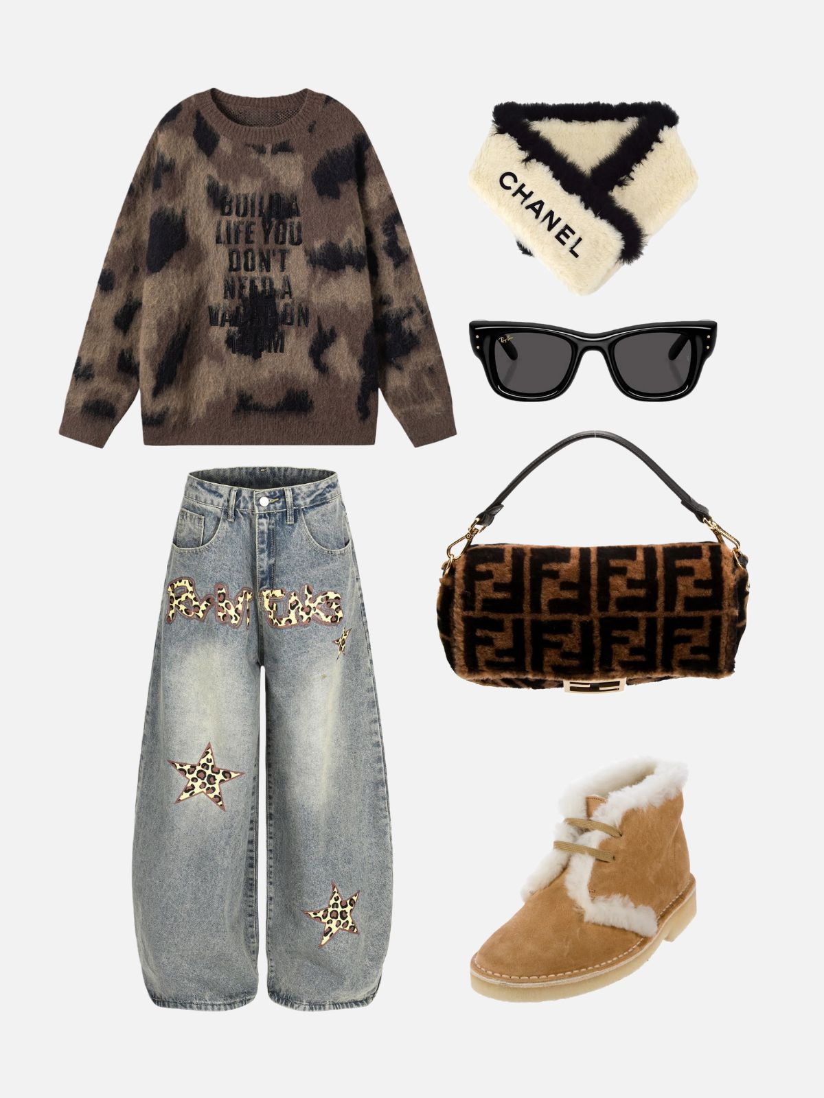 Haaura Leopard Star Panel Baggy Jeans
