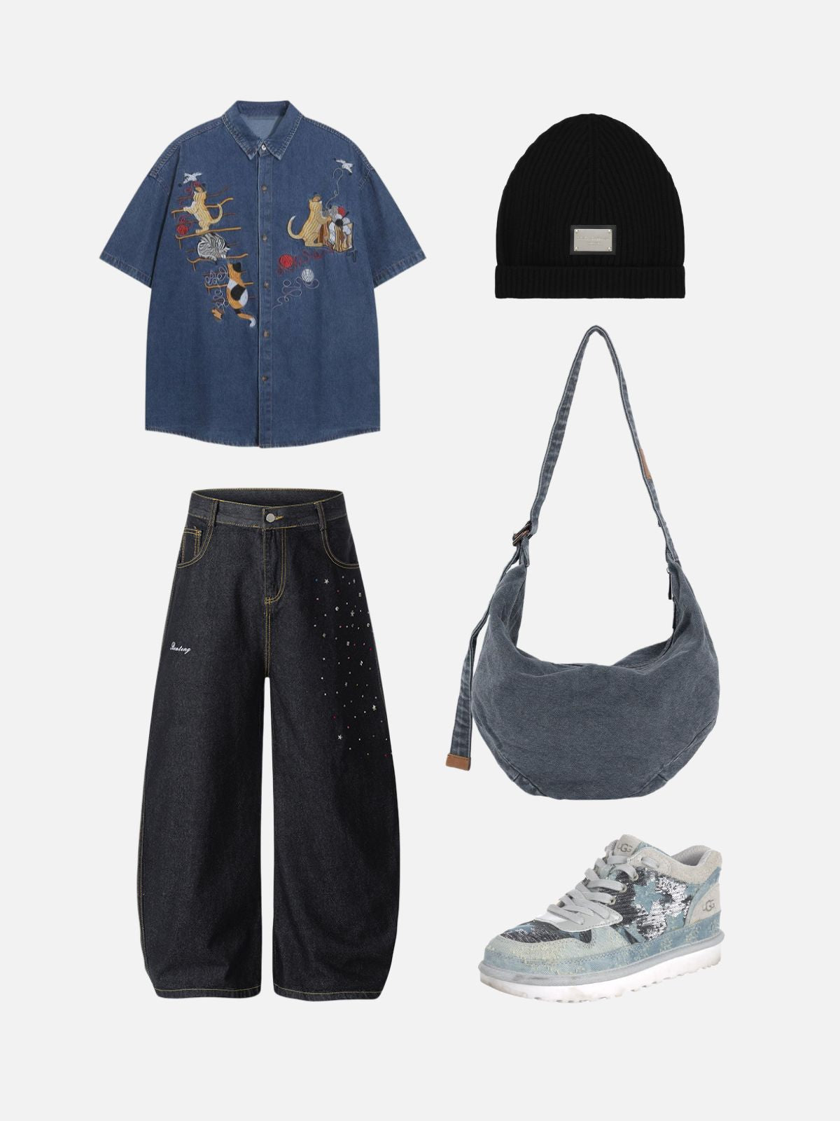 Haaura Rhinestone Star Washed Jeans