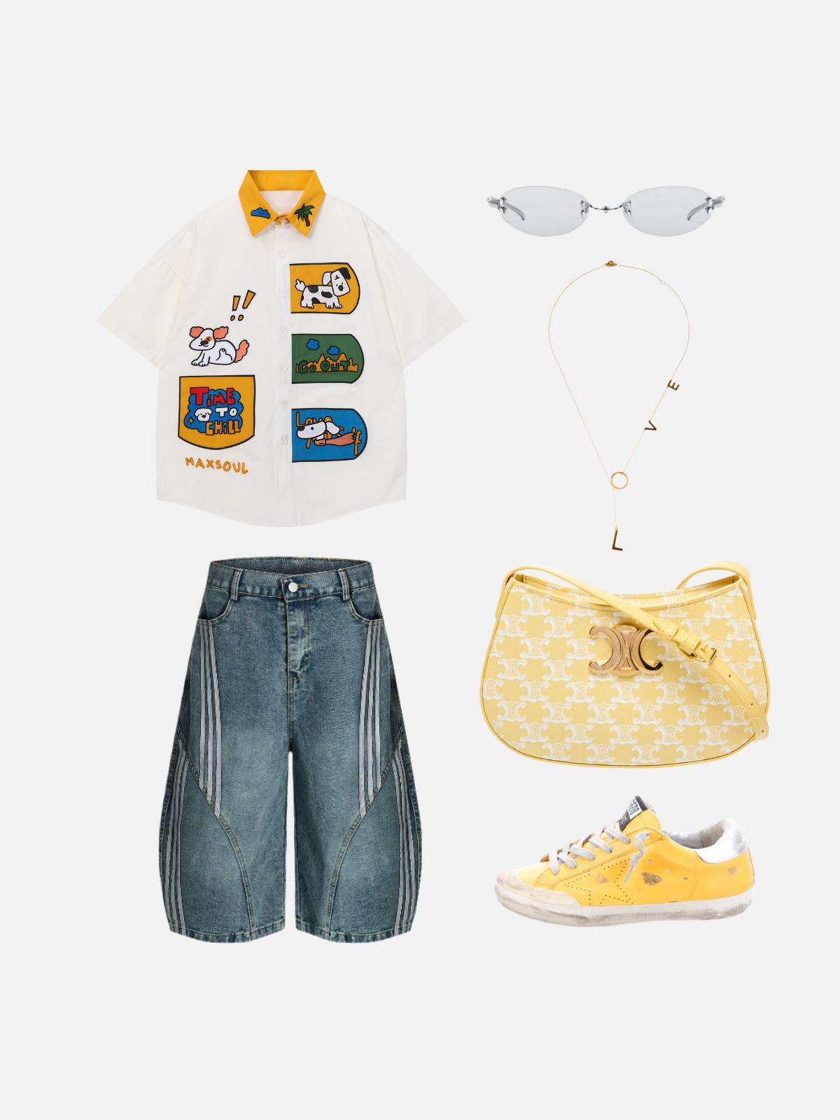 Haaura Summer Vacation Dog Print Patchwork Contrast Collar Shirt