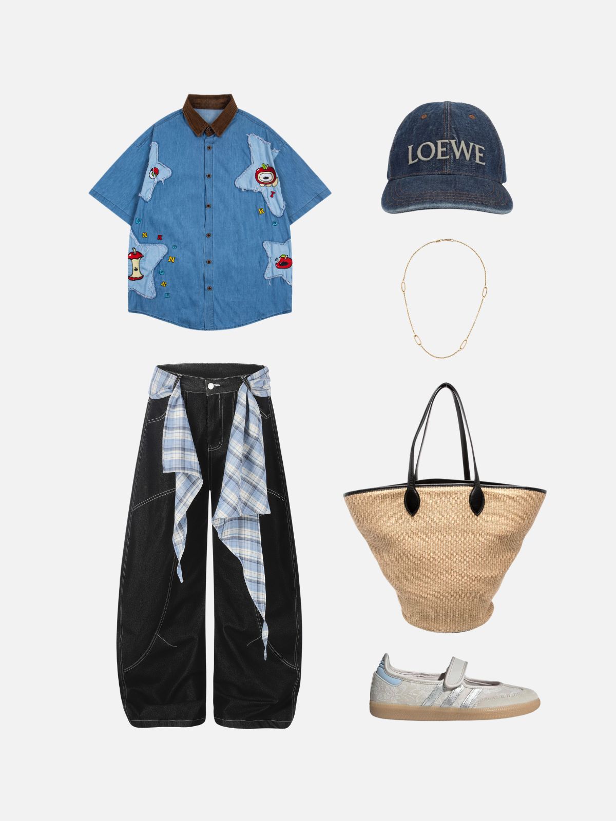 Haaura Deconstructed Plaid Scarf Jeans
