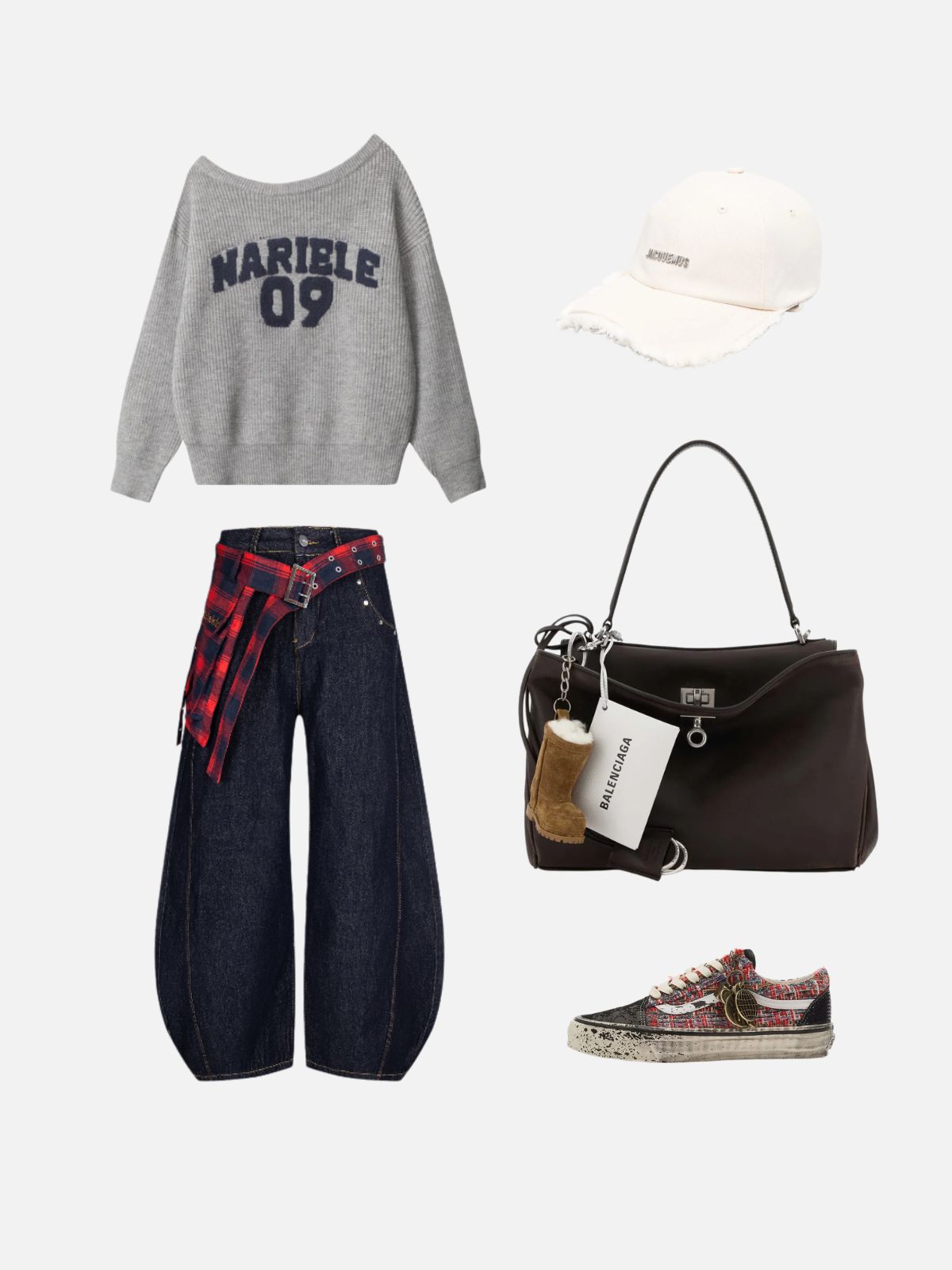 Haaura Plaid Shirt Belt Ombré Lantern Jeans