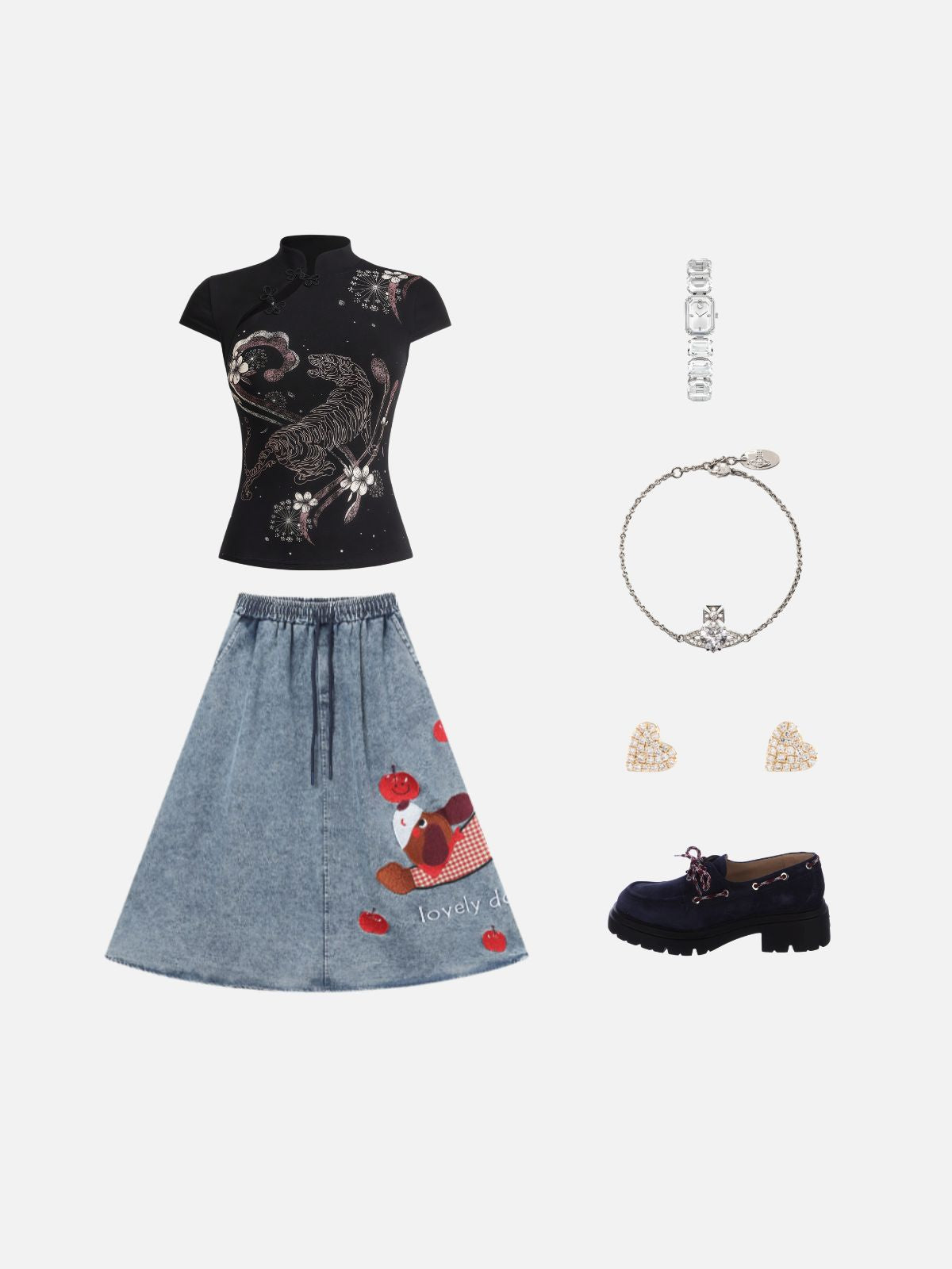 Haaura Tiger Floral Mandarin Collar Tee