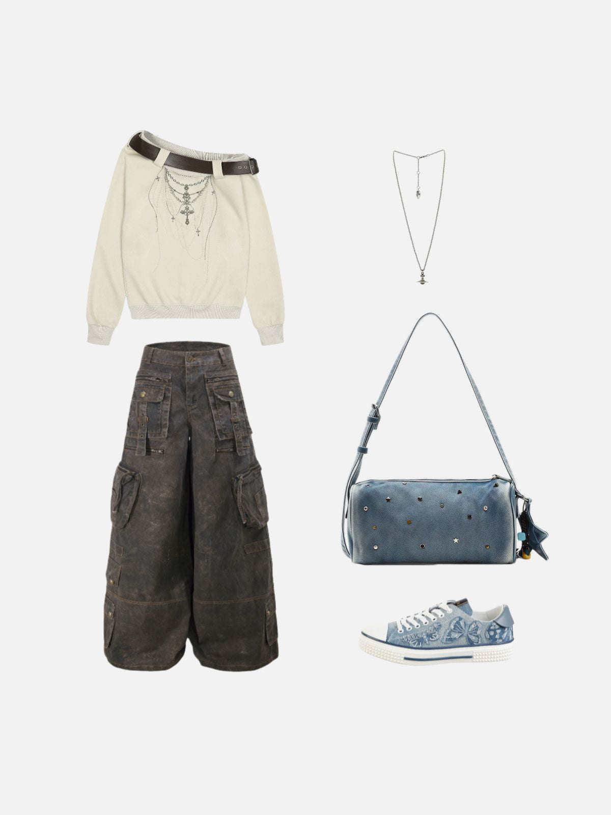 Haaura Distressed Denim Rivet & Star Charm Baguette Bag