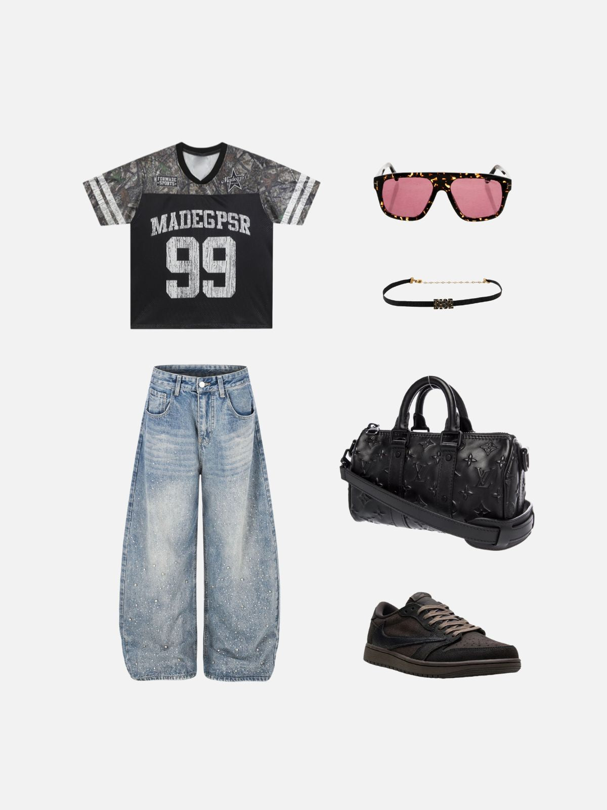 Haaura Baggy Wash Rhinestone Jeans