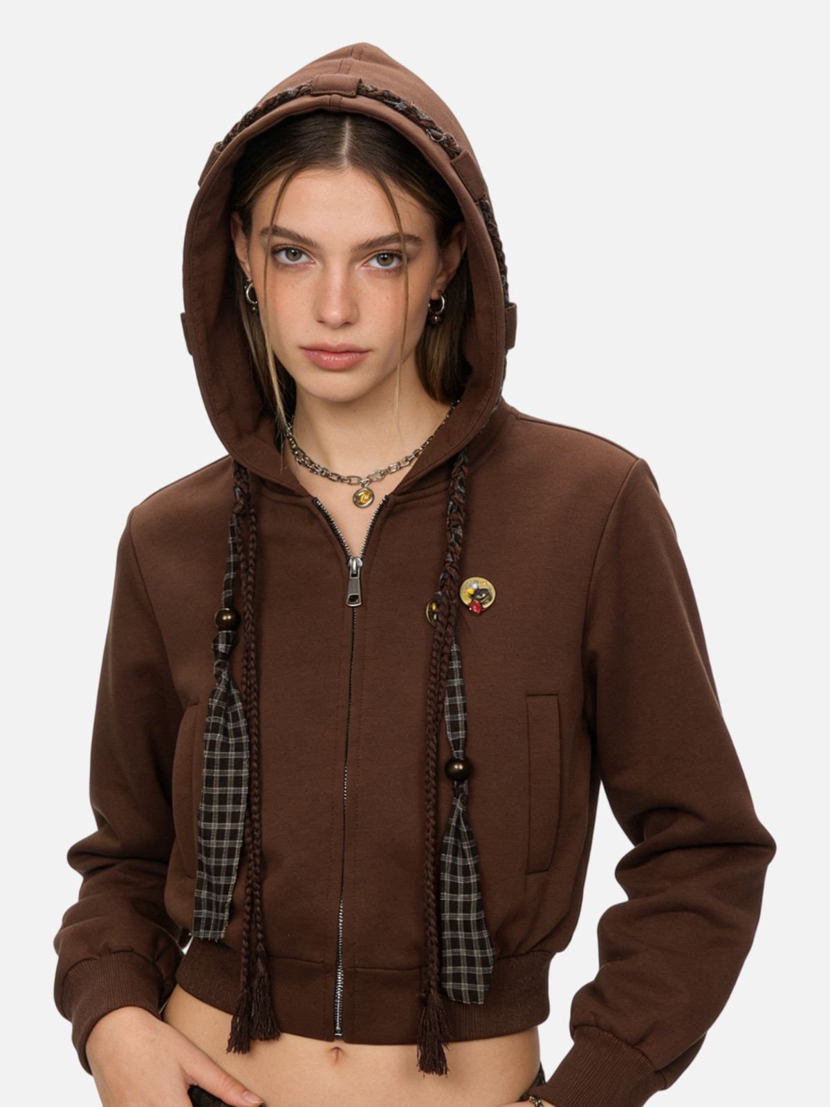 Haaura Cropped Plaid Rope Zip Up Hoodie