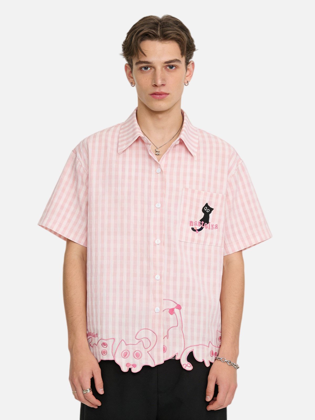 Haaura Cat & Stripes Embroidered Short Sleeve Shirt