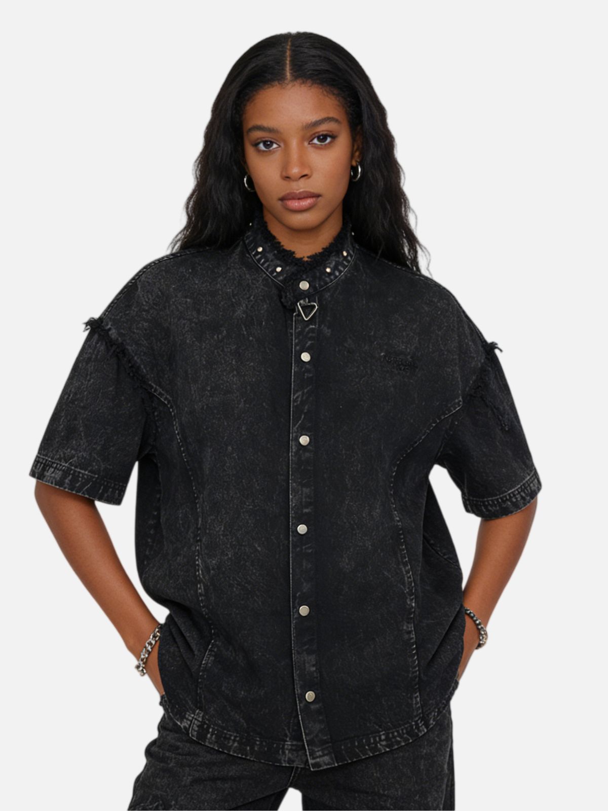 Haaura Rock Revival Frayed Shoulder Denim Shirt
