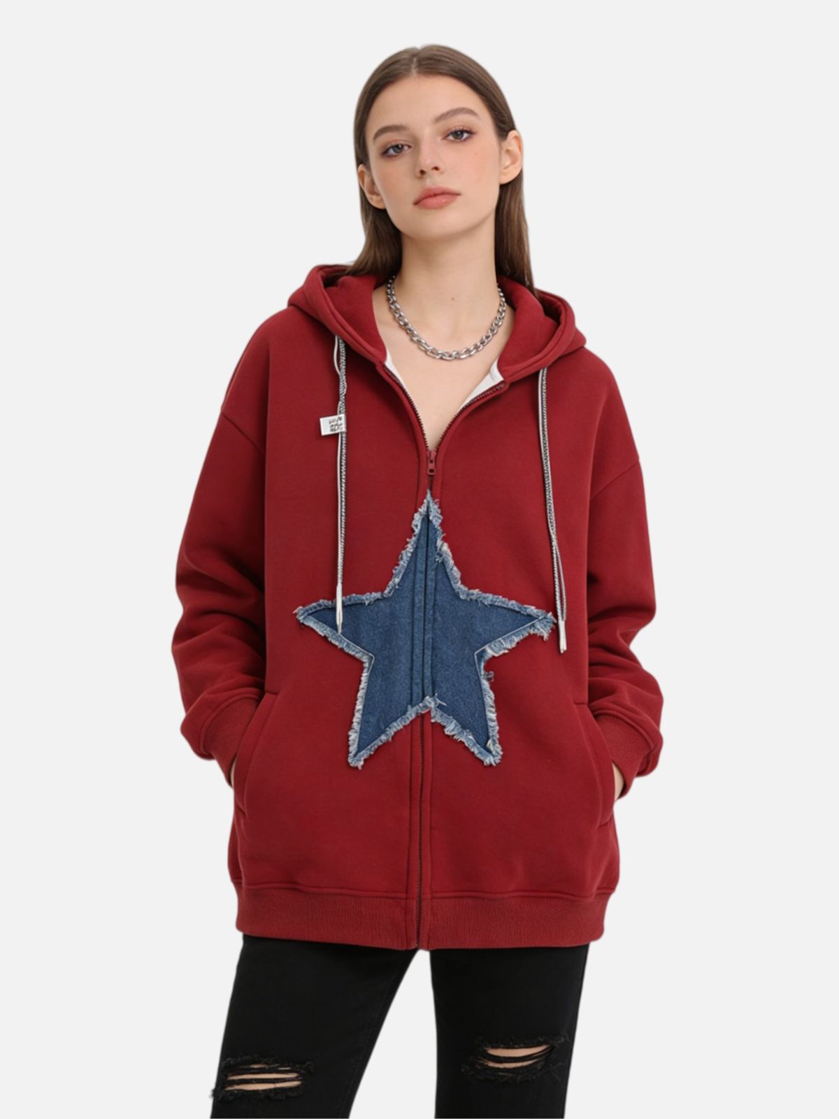 Haaura Denim Star Graphic Zip Up Hoodie