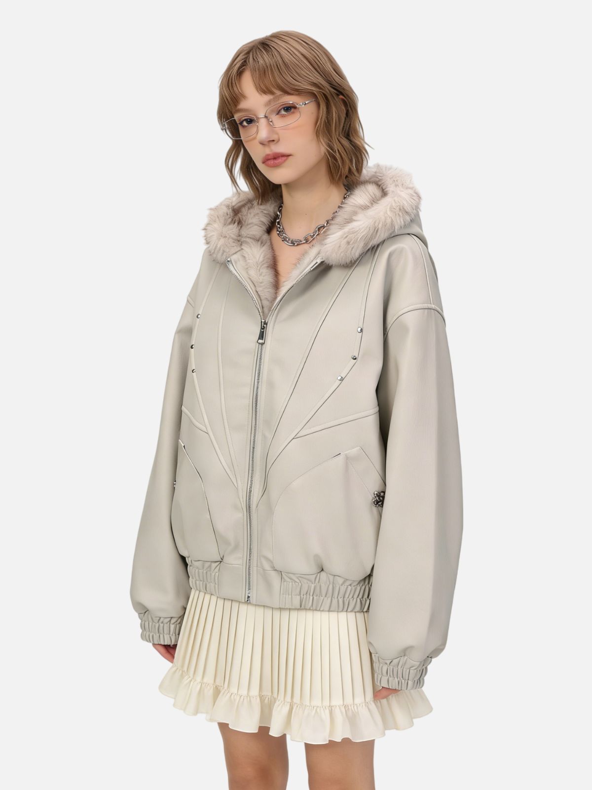 Haaura Fur-Trimmed Hood Zip-Up Leather Jacket