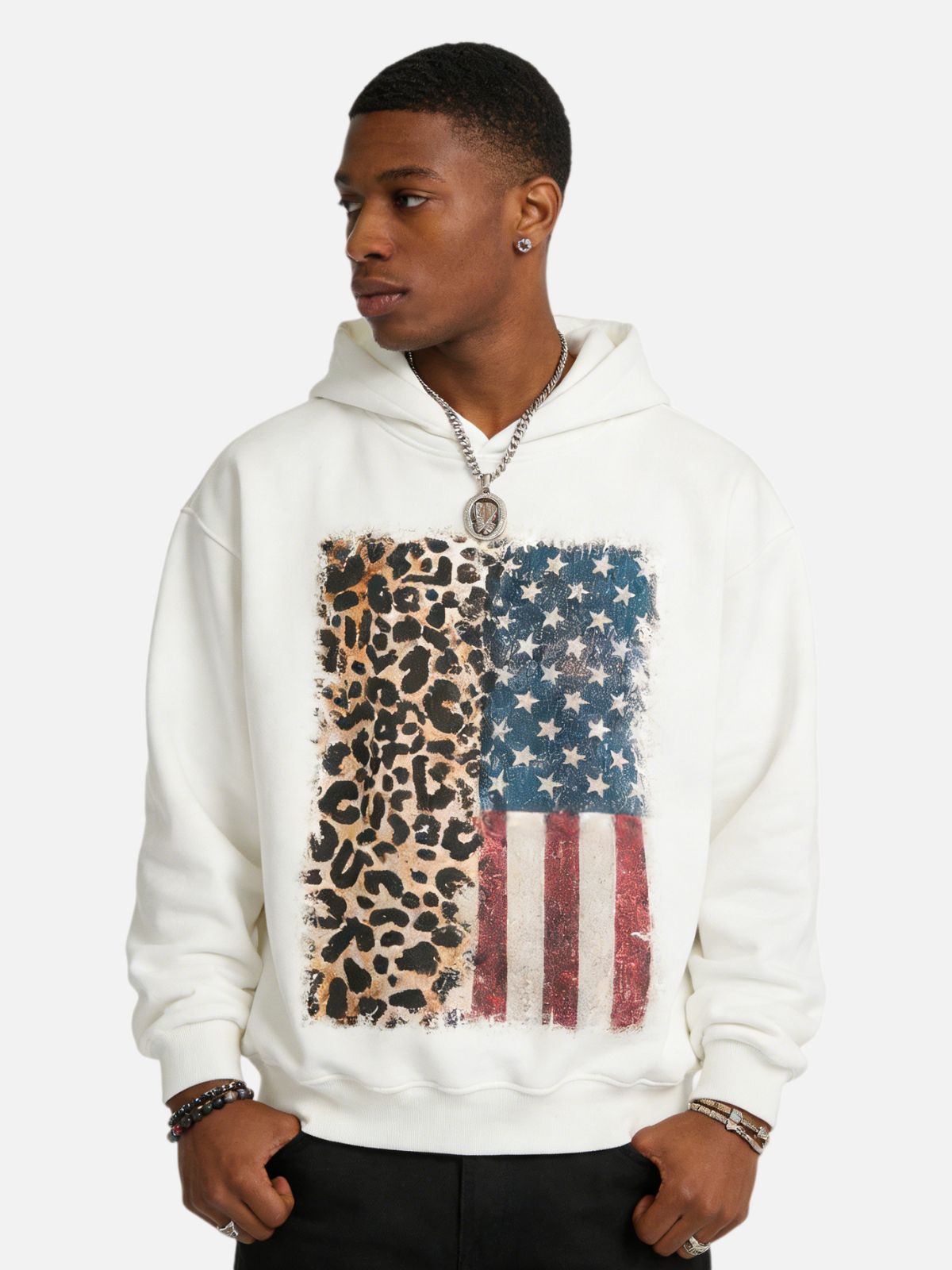 Haaura Usual Vintage Split-Panel Leopard & Flag Graphic Hoodie