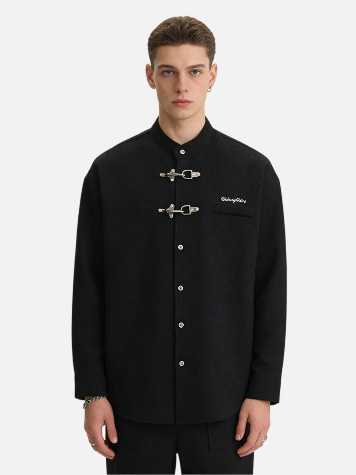 Haaura Metal Accent Mandarin Collar Shirt