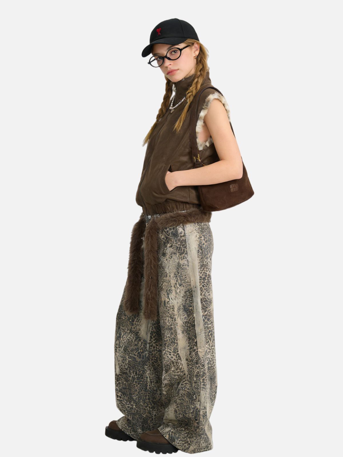 Haaura Leopard Trim Stand Collar Zip-Up Vest