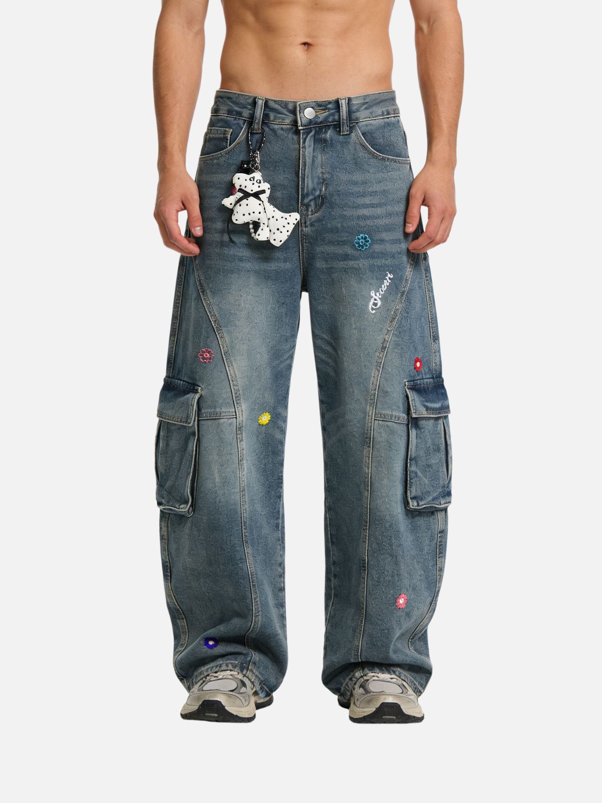 Haaura Embroidered Floral Cargo Jeans