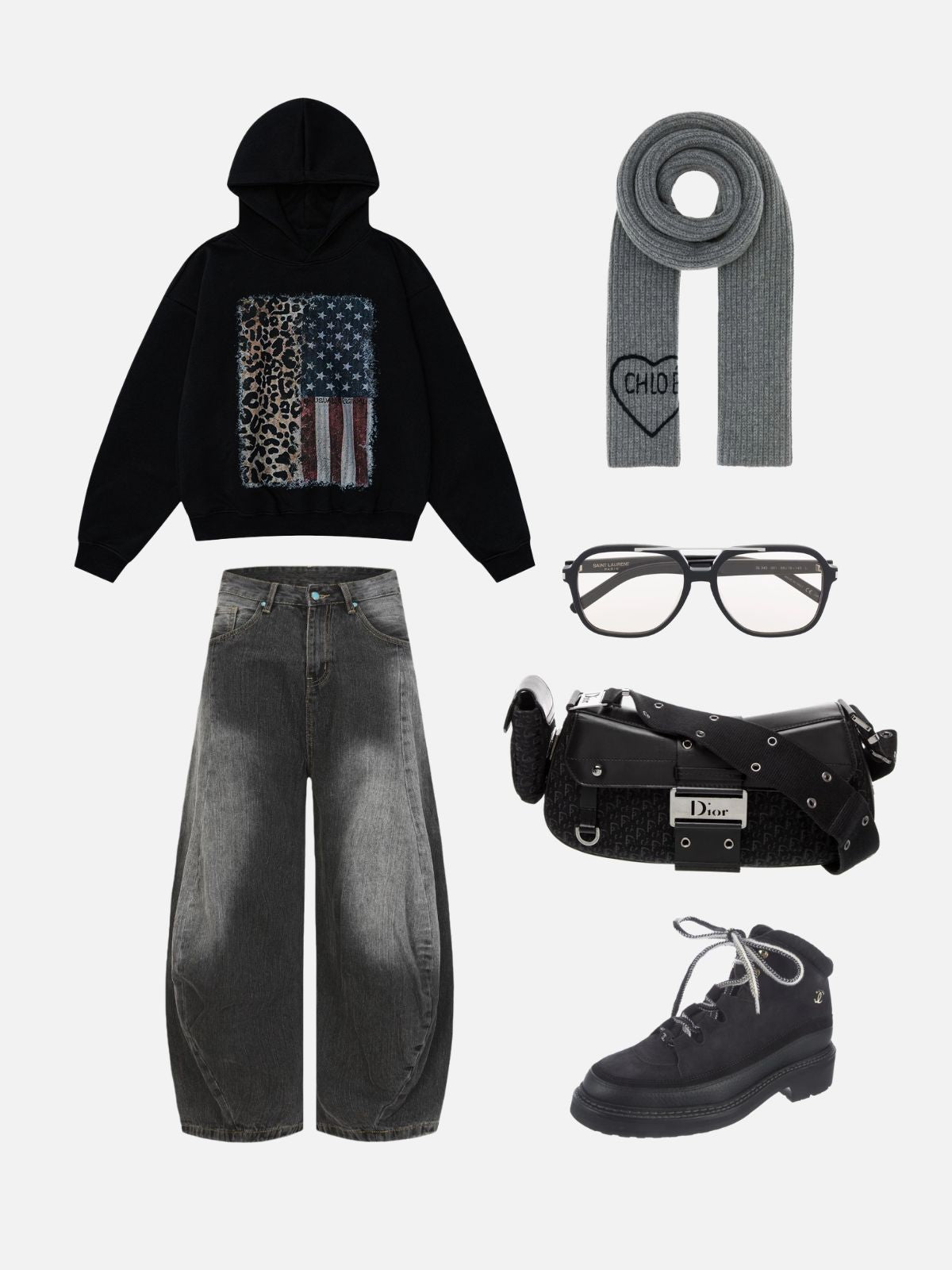 Haaura Usual Vintage Split-Panel Leopard & Flag Graphic Hoodie