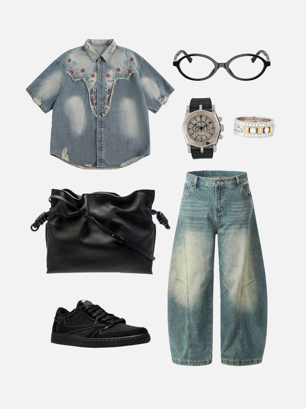 Haaura Floral Embroidery Denim Shirt