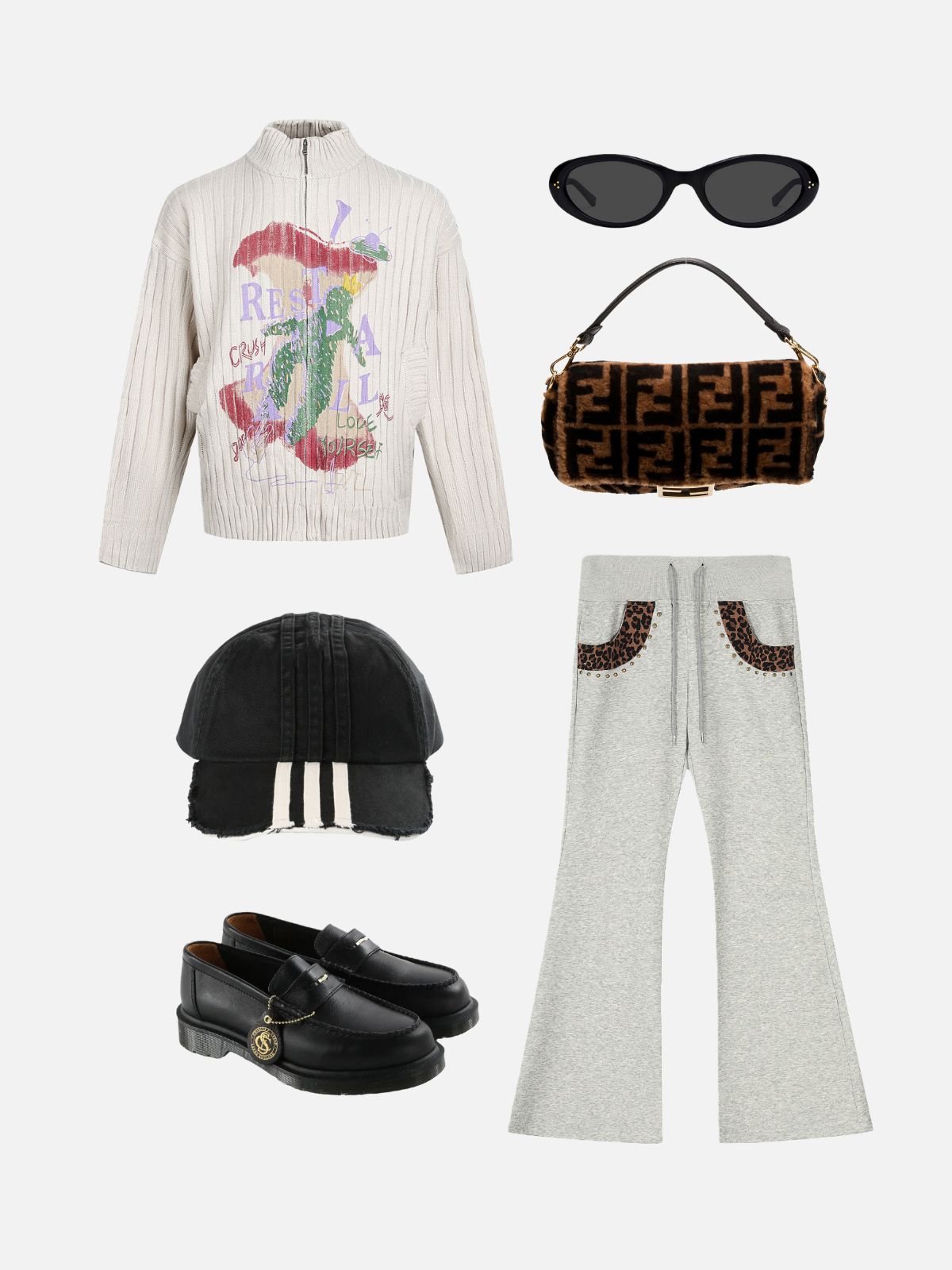 Haaura Graffiti Apple Print Zip-Up Knit Cardigan