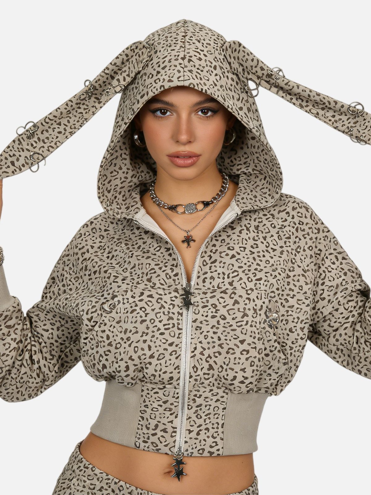 Haaura Leopard Bunny Ear Zip Up Hoodie