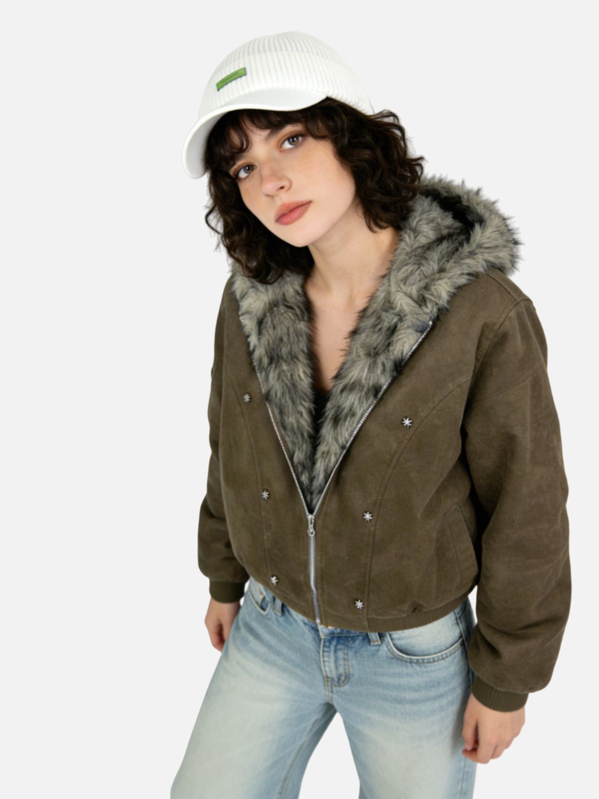Haaura Fur Rivet Detail Zip-Up Coat
