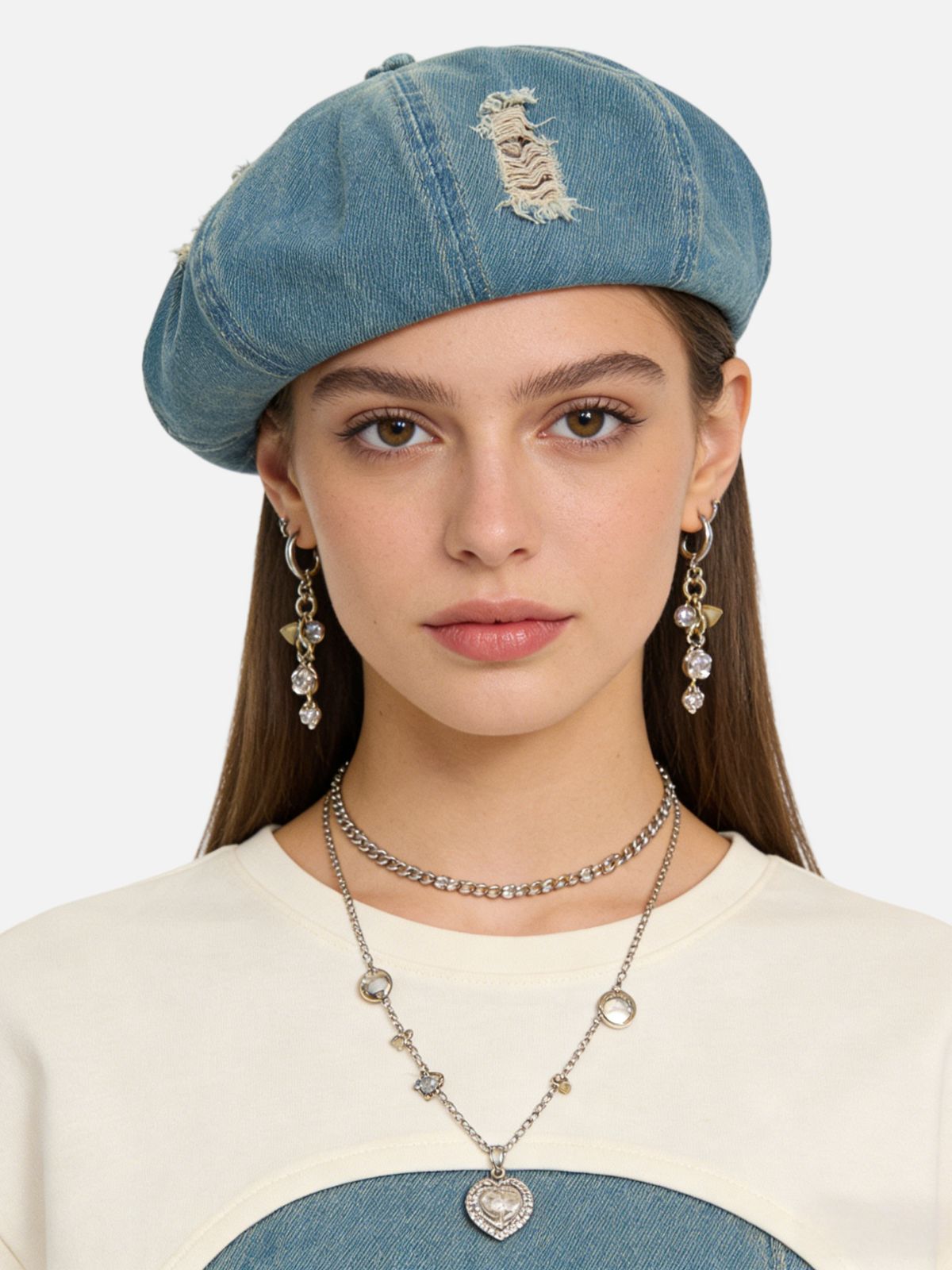 Distressed Denim Beret