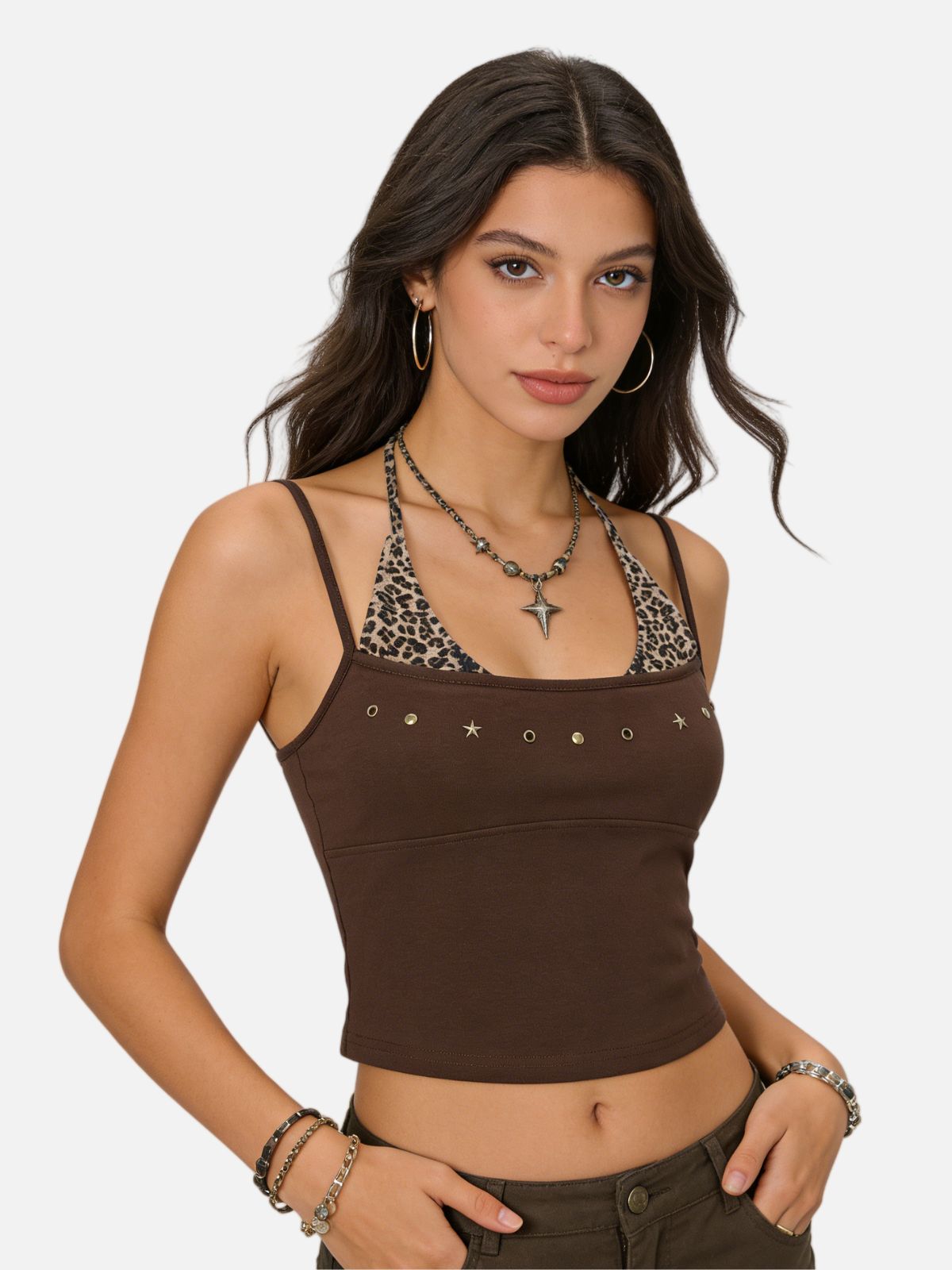 Haaura Leopard Halter Studded Cami Top