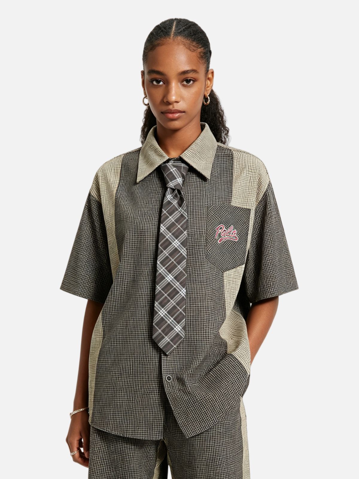 Haaura Deconstructed Plaid Detachable Tie Detail Shirt