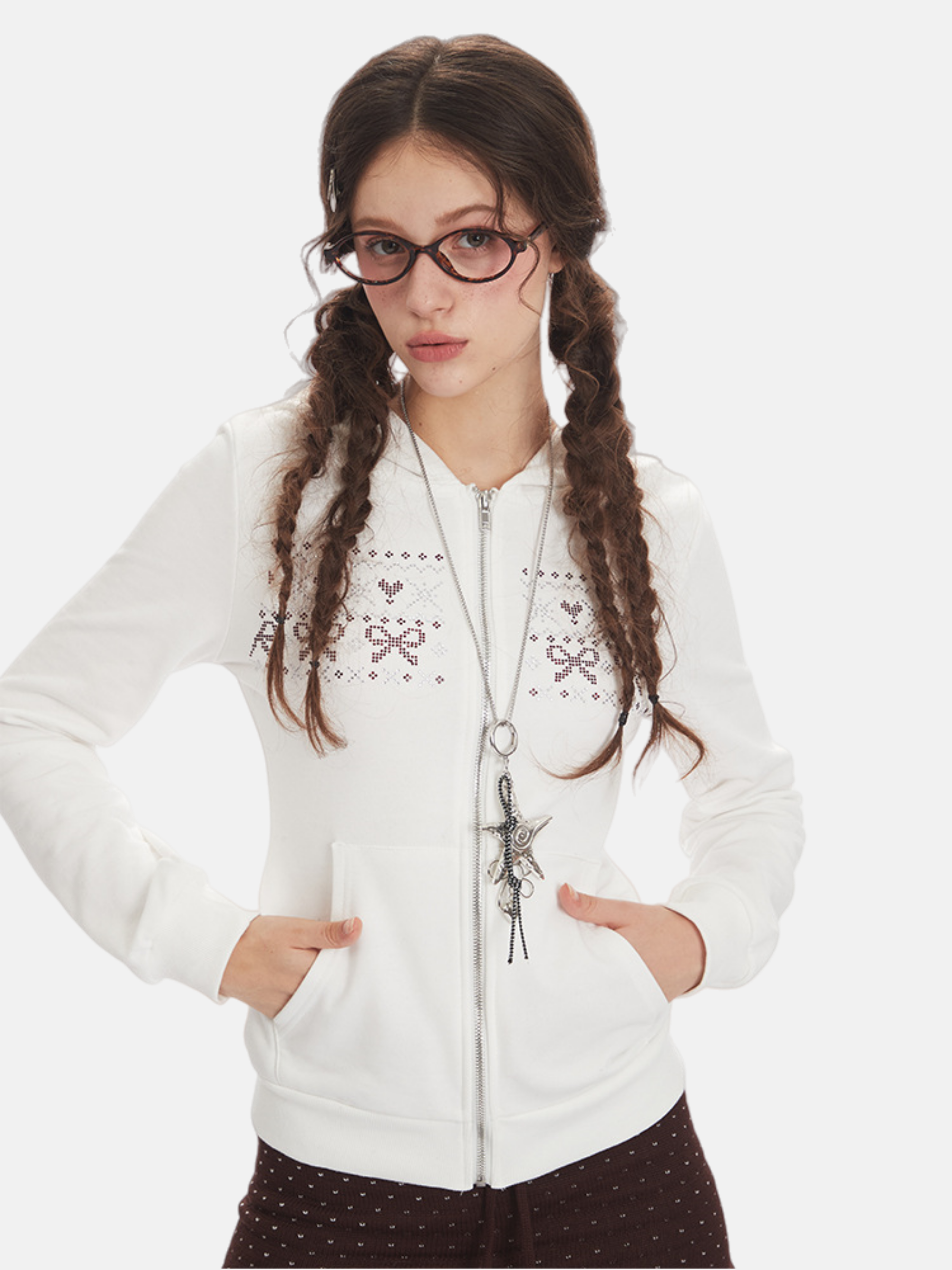 Haaura Star Heart Bow Embroidered Zip Hoodie
