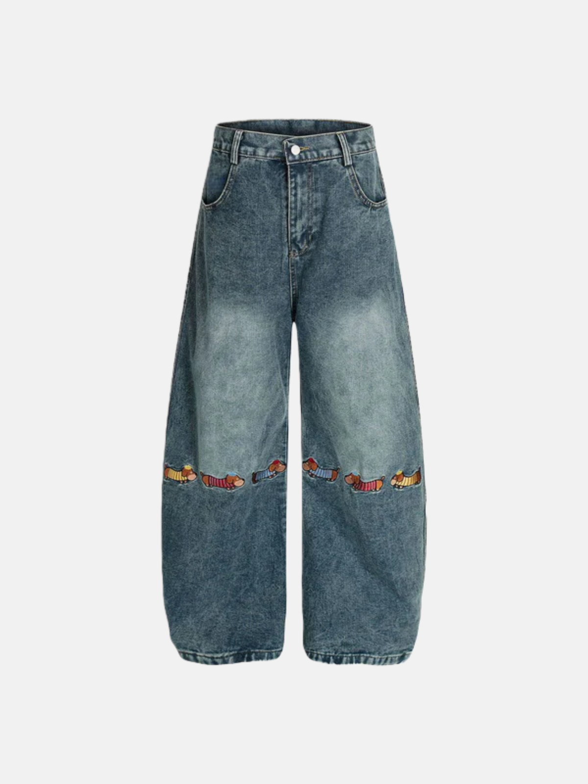 Haaura Dachshund Embroidery Baaggy Barrel Jeans