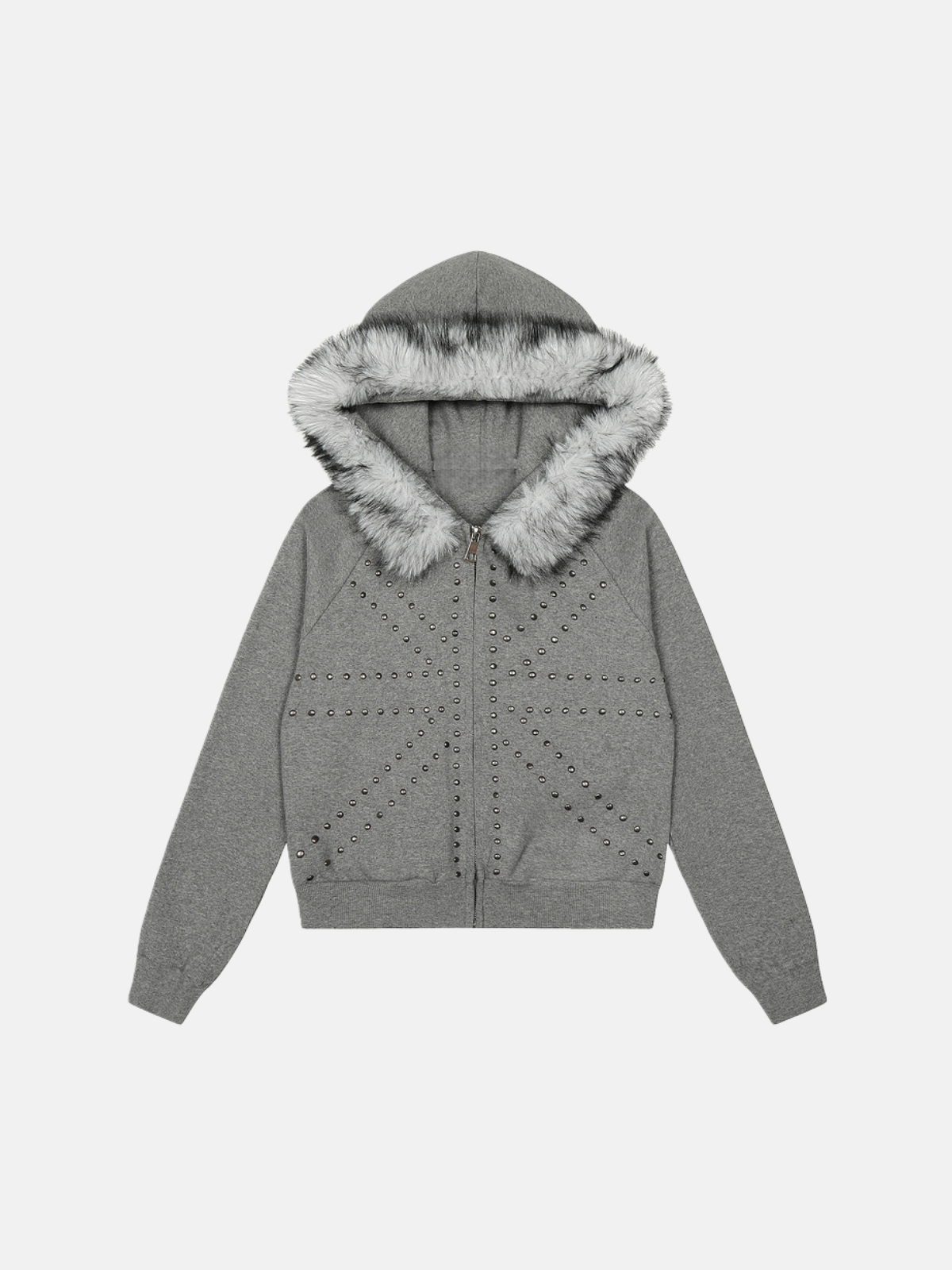 Haaura Rivet Faux Fur Collar Cropped Zip Up Hoodie