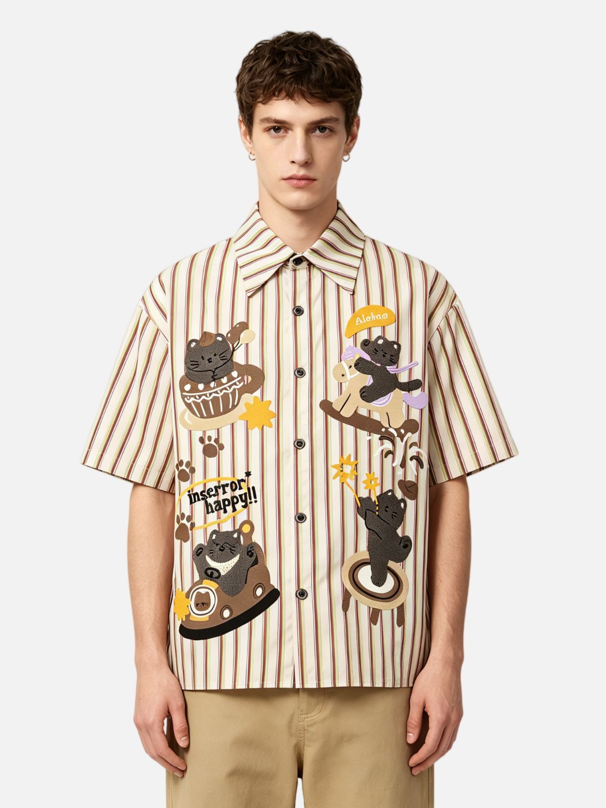 Haaura Vintage Striped Black Cat Patch Shirt