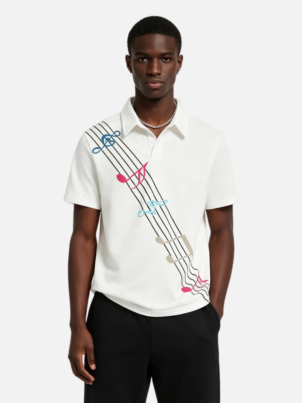 Haaura Music Note Print Diagonal Stripe Polo Shirt
