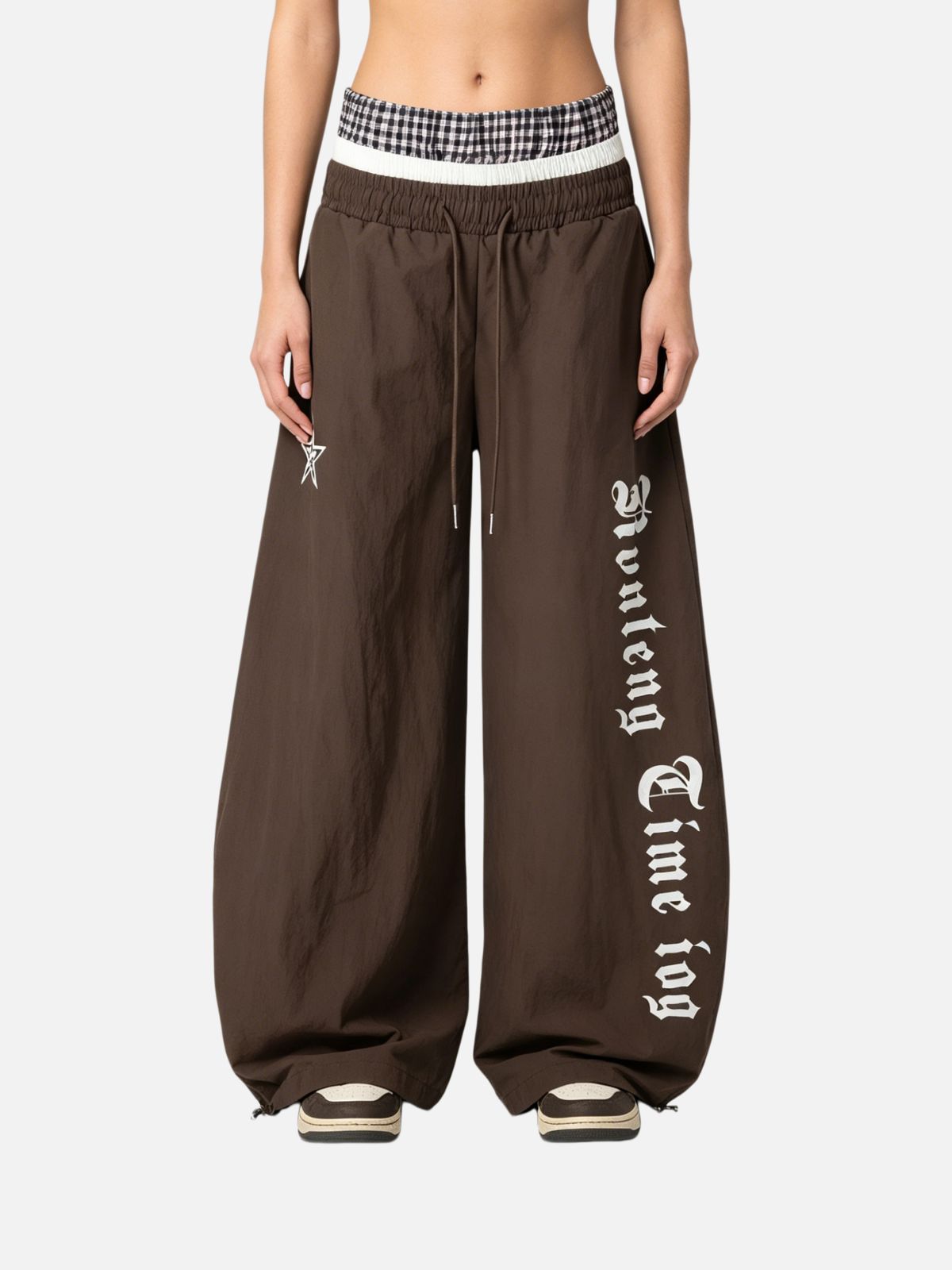 Haaura Star & Text Embroidered Plaid Panel Pants
