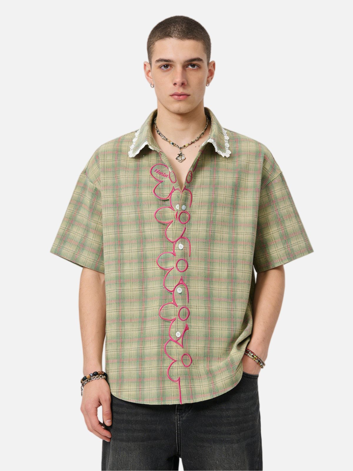Haaura Lace Collar Plaid Shirt