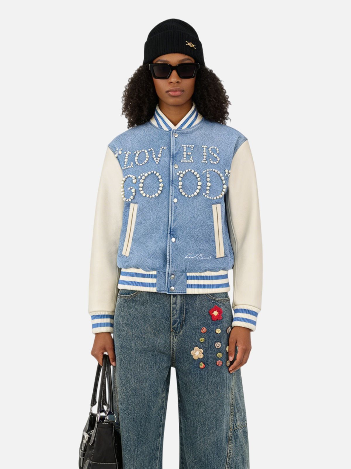 Haaura Pearl-Embroidered “Love Is Good” Baseball Jacket
