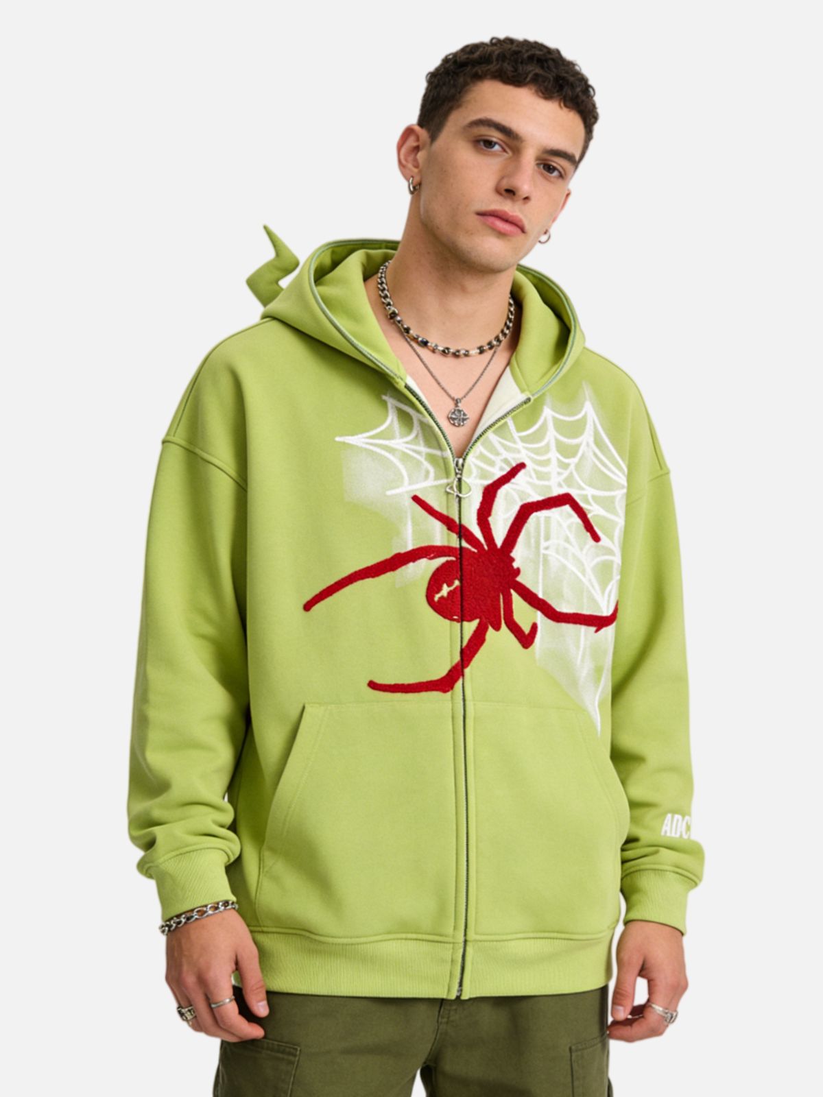 Haaura Horn Design Flocking Spider Zip Up Hoodie