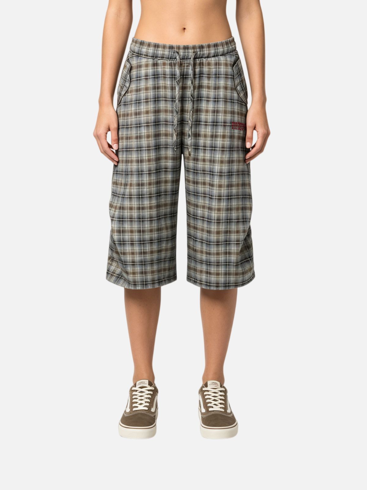 Haaura Vintage Washed Plaid Pleated Embroidered Shorts