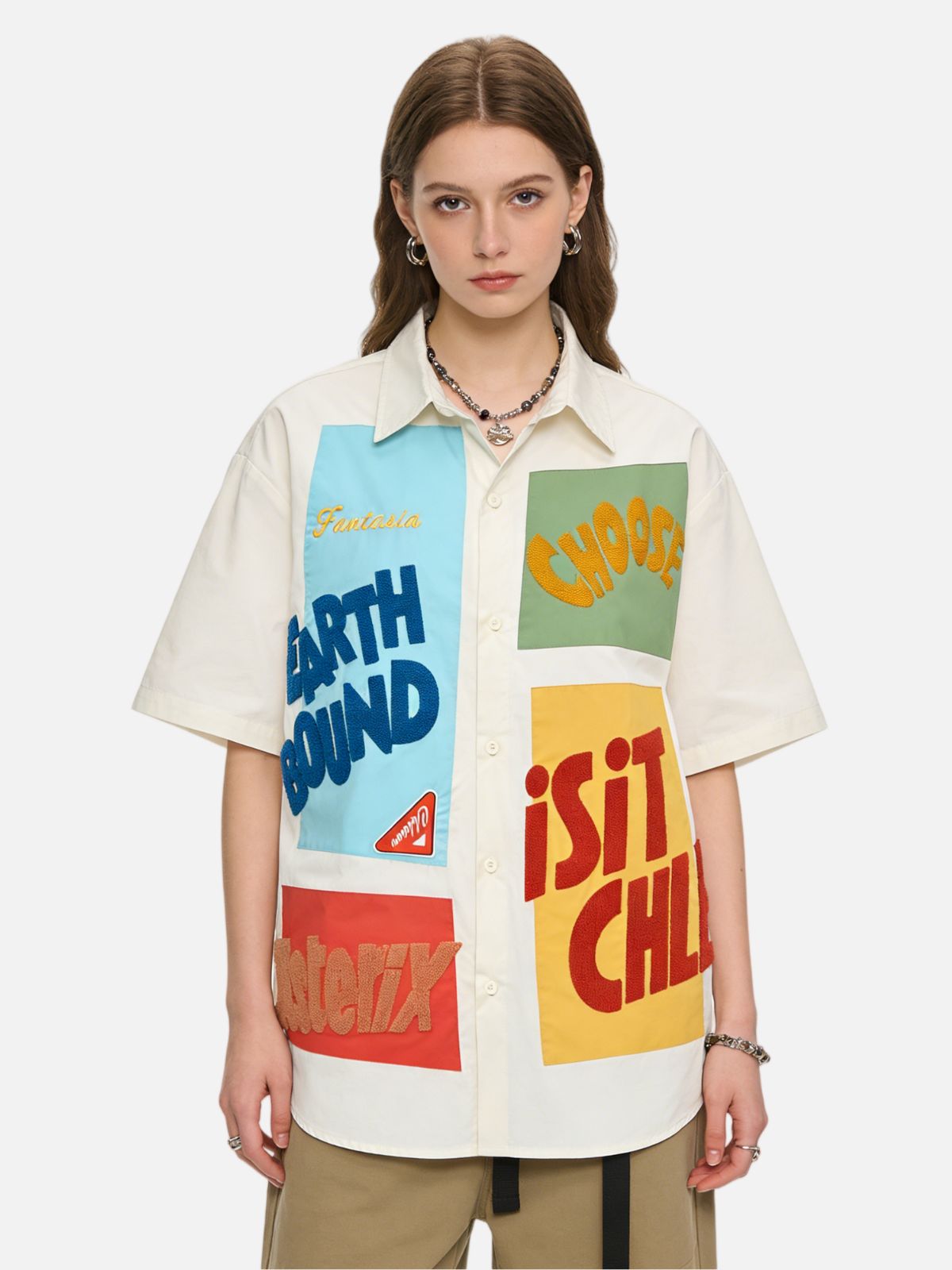 Haaura Asymmetrical Colorful Block Slogan Patchwork Shirt