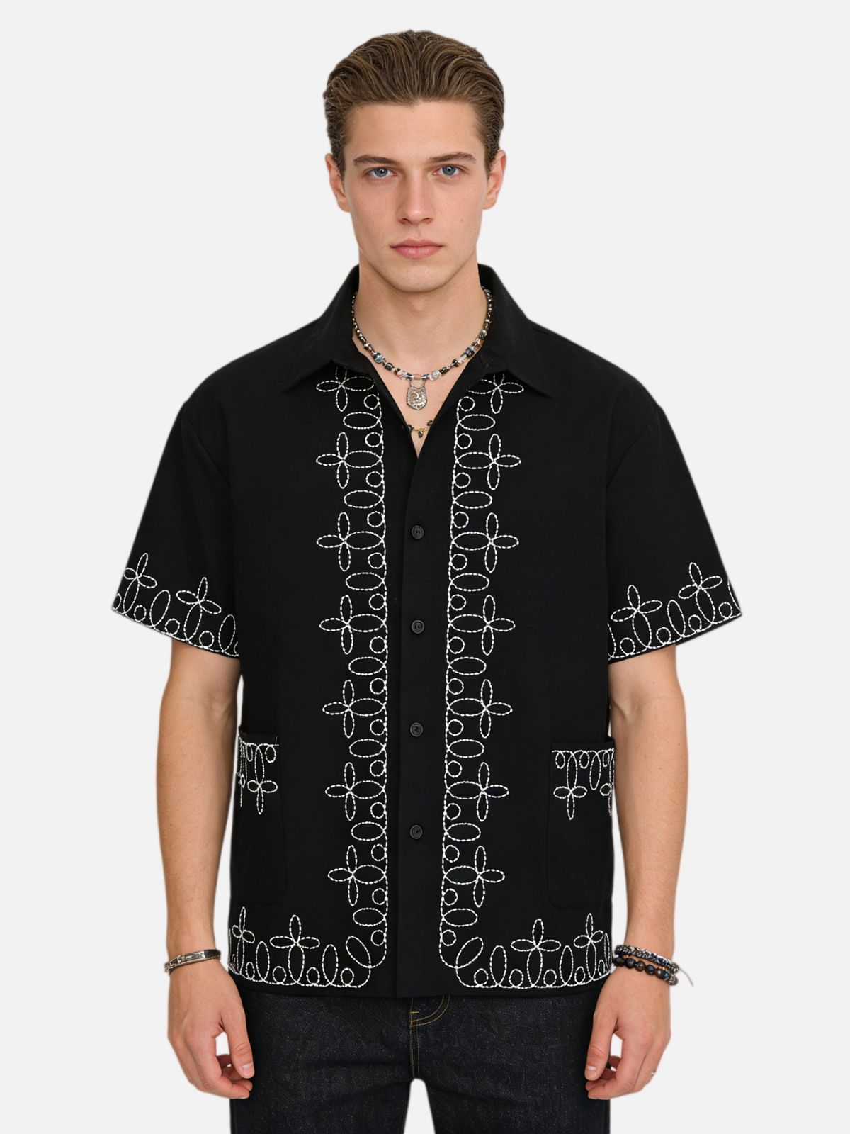 Haaura Geometric Line Embroidery Short Sleeve Shirt