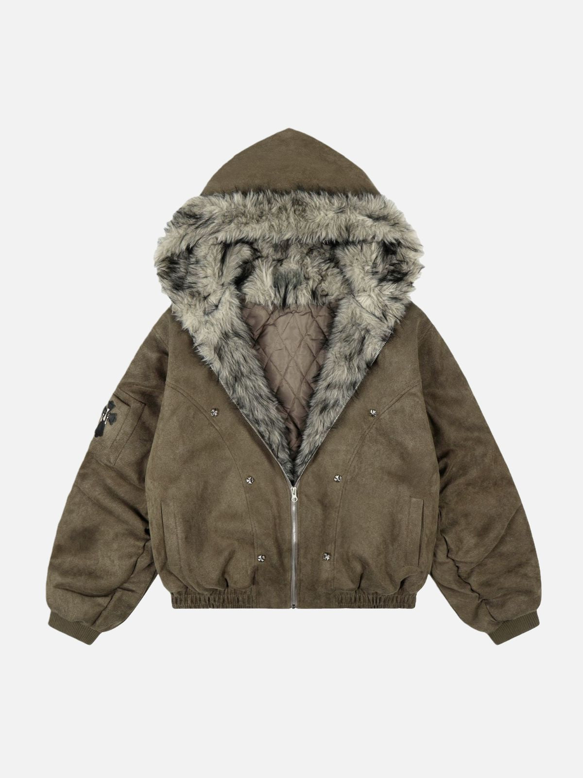 Haaura Fur Rivet Detail Zip-Up Coat
