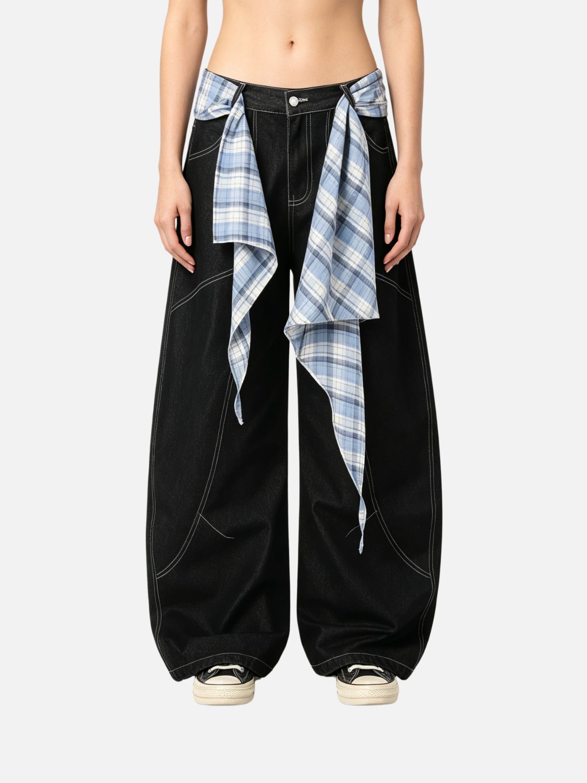 Haaura Deconstructed Plaid Scarf Jeans