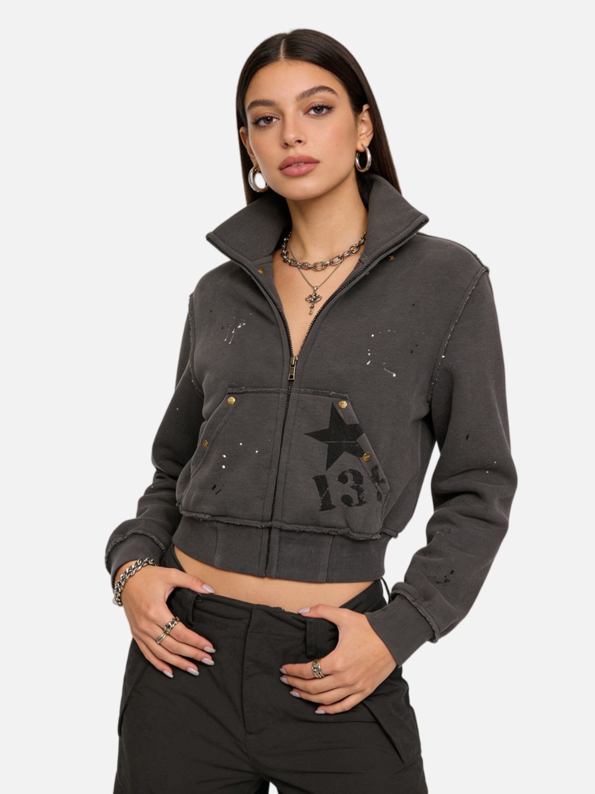 Haaura Star Distressed Studded Zip-Up Jacket