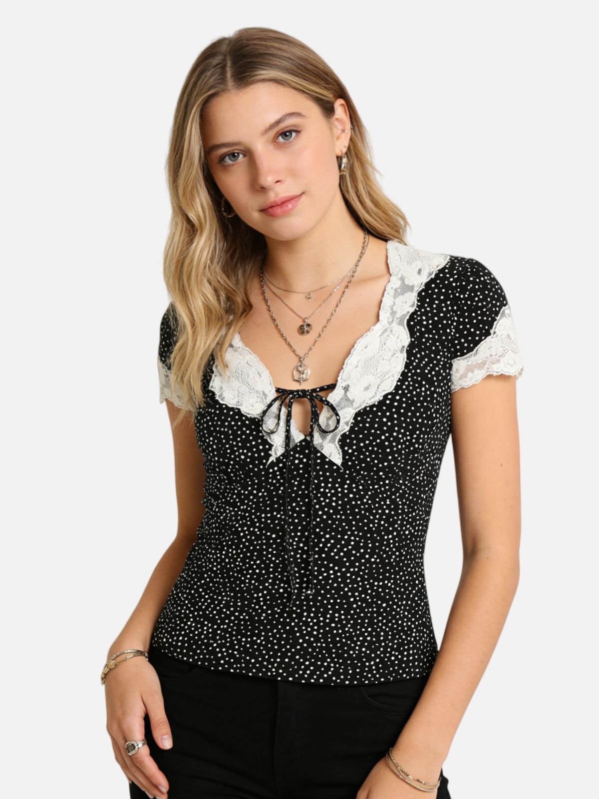 Haaura Polka Dot Tie Front Lace Trim Short Sleeve Top
