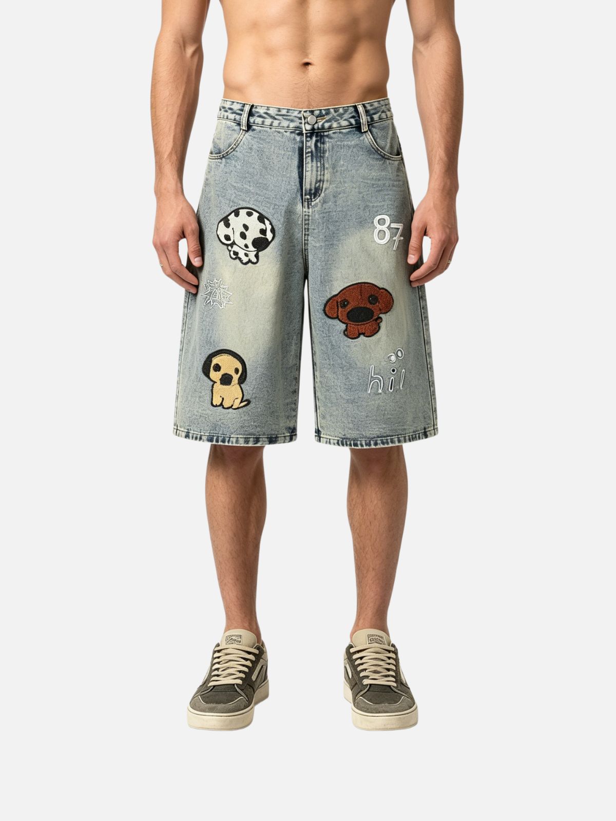 Haaura Baggy Wash Puppy Patch Embroidery Jorts