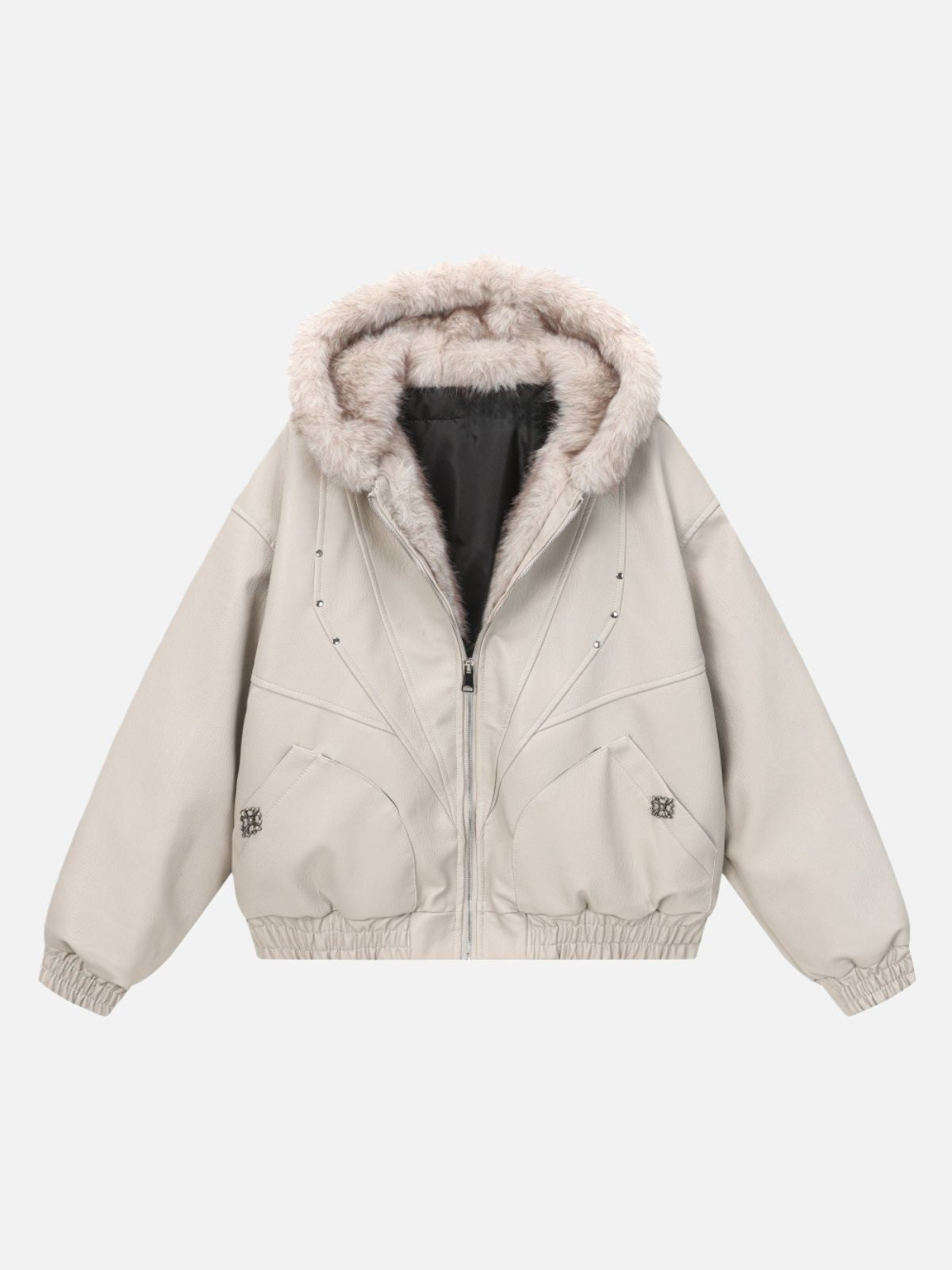 Haaura Fur-Trimmed Hood Zip-Up Leather Jacket